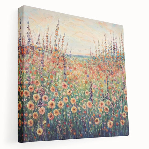 Abstract floral canvas artwork showcasing vibrant colors and intricate patterns, displayed in a side view to highlight its stretched design, perfect for modern decor.