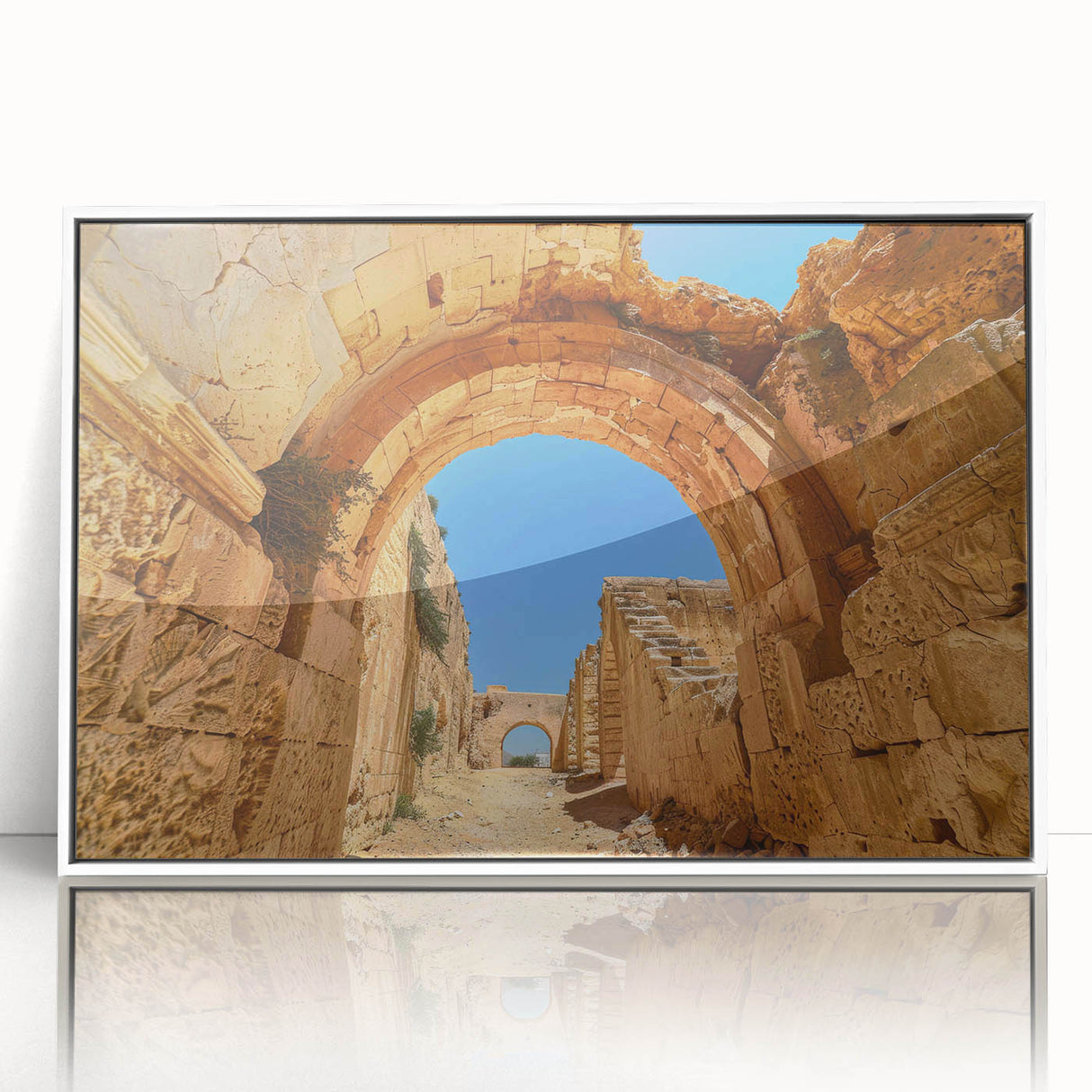 Large art print of an Ethiopian landscape in muted earth tones, framed in white acrylic, suitable for modern art wall decor.