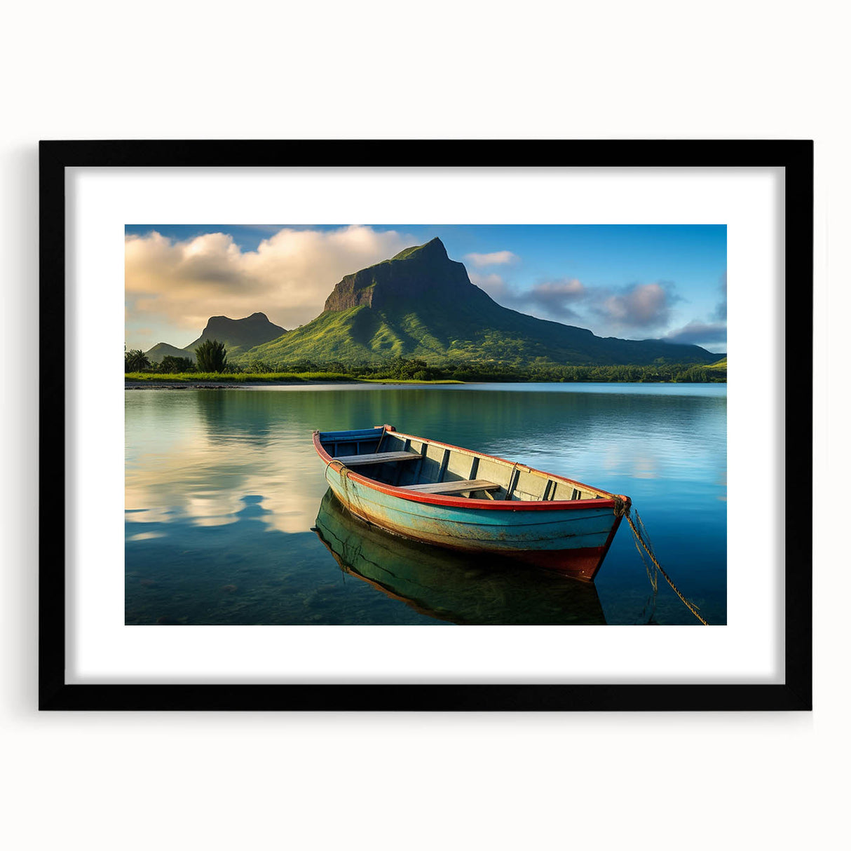 Extra large textured abstract art print of colorful African scenery on a black framed canvas, ideal for living room decor.