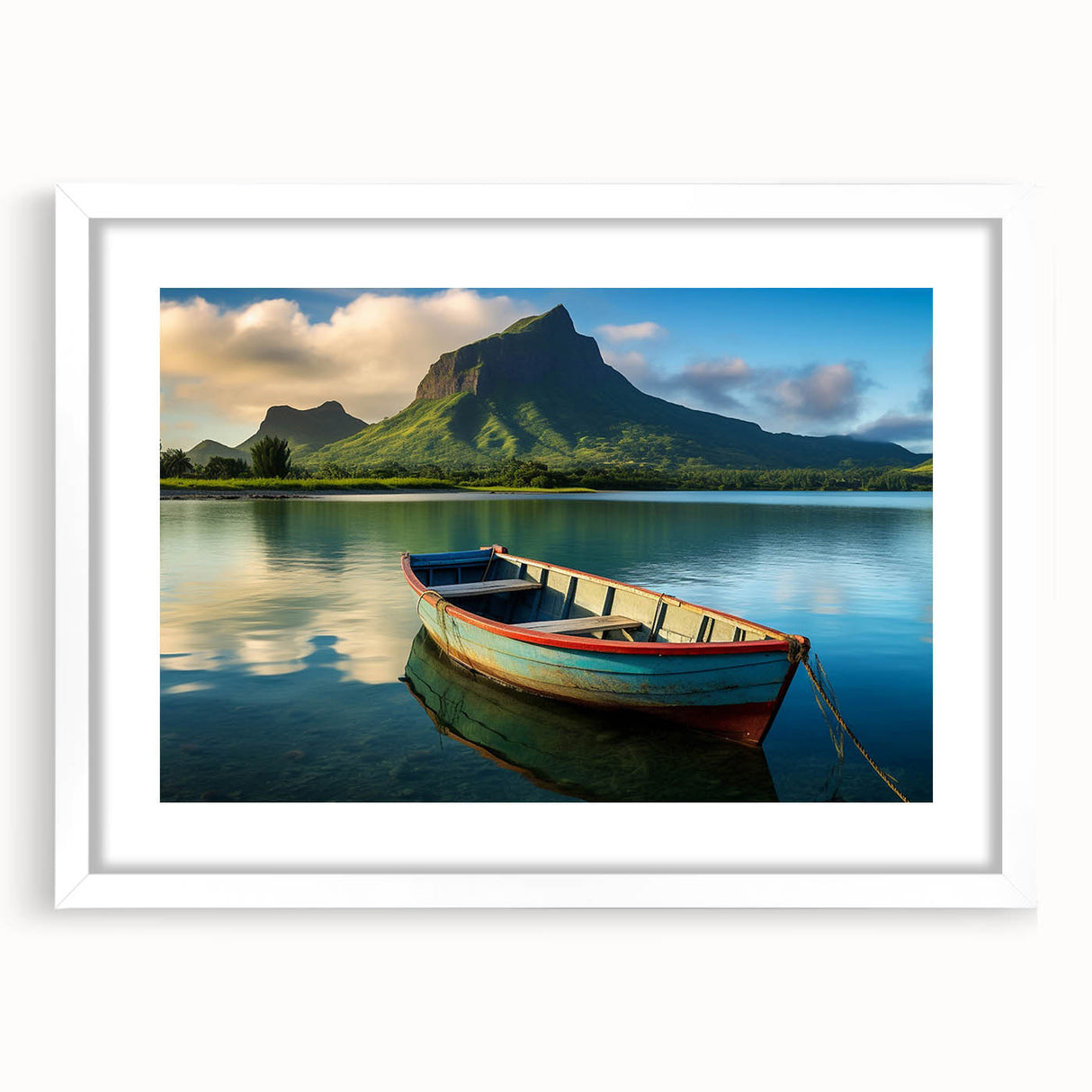 Extra large abstract art print of a Mauritian landscape in textured style, muted earth tones, framed with a white mat.