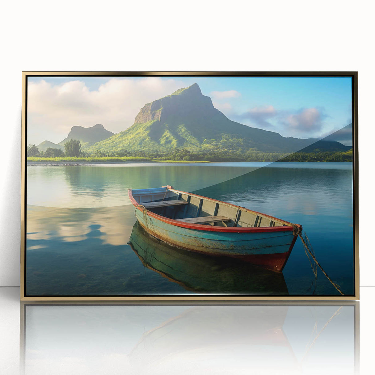 Mid-century modernist art depicting a serene African scenery on a gold-framed acrylic, showcasing earthy tones.