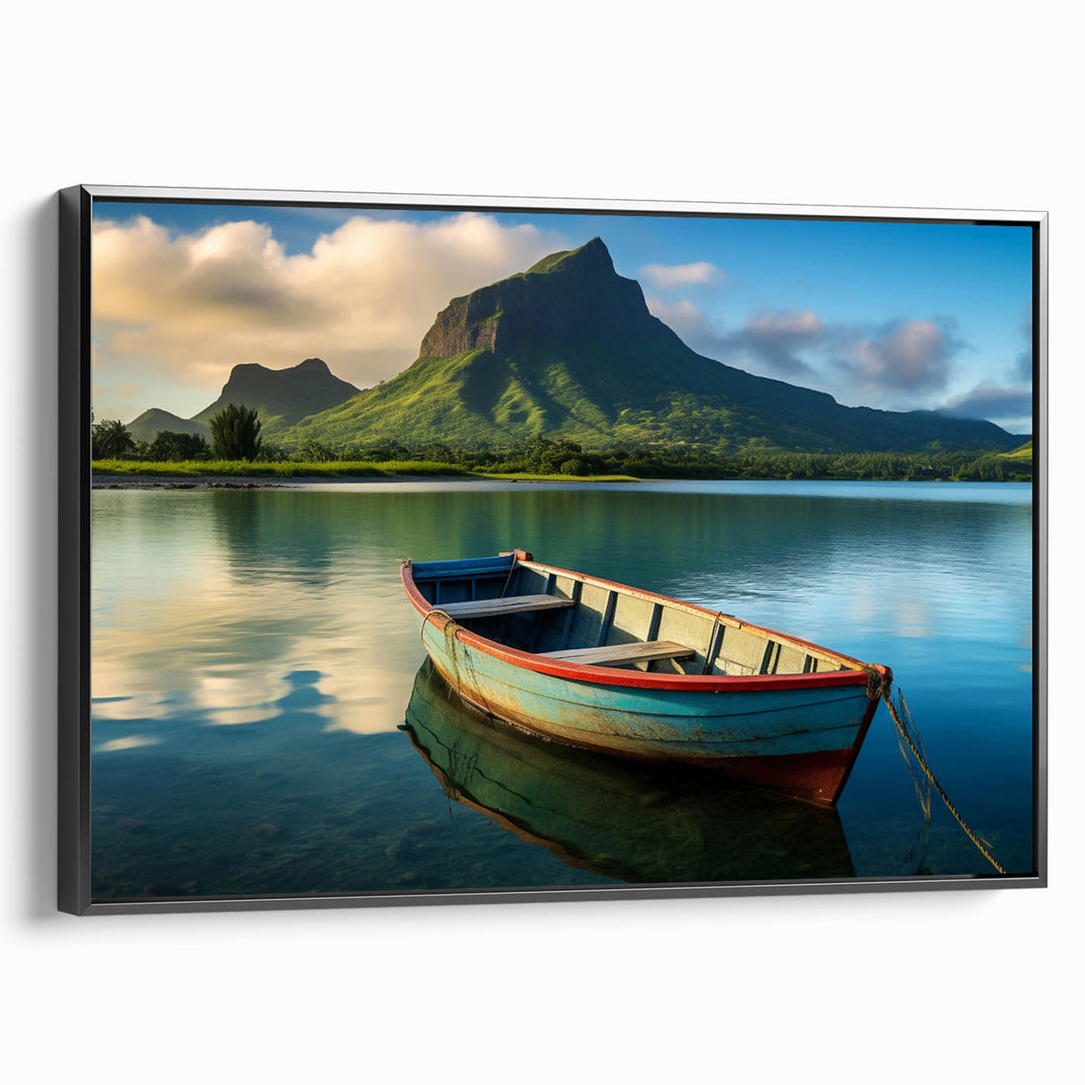 Black and white framed canvas of a Mauritian landscape, ideal for bedroom wall art.