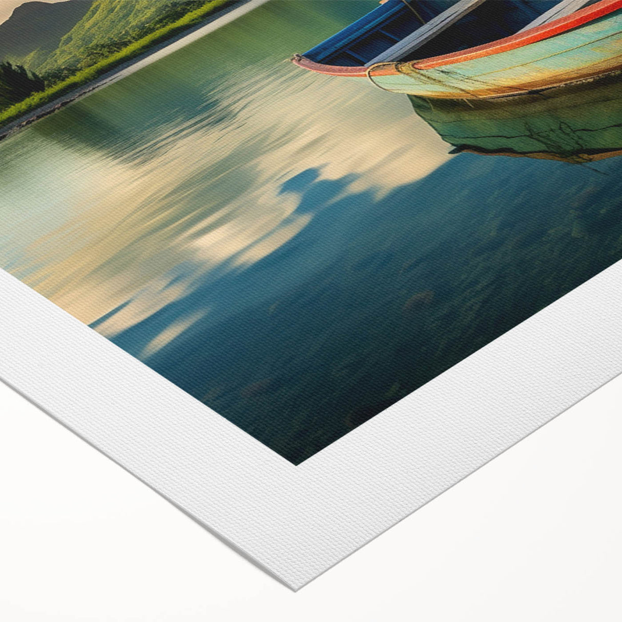 Art deco poster of a serene Mauritius landscape in muted green and blue tones on rolled canvas.