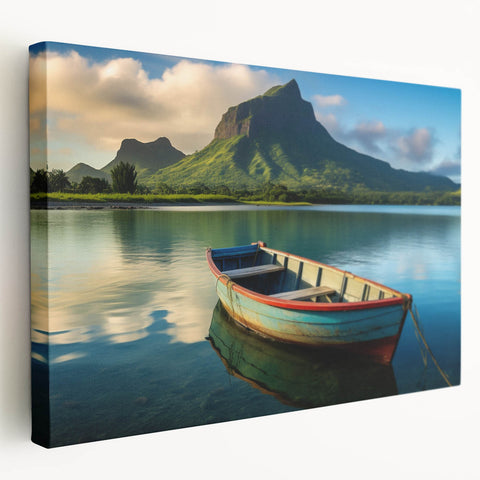 Large canvas print depicting a scenic Mauritius landscape in vibrant green and blue tones, ideal for kitchen wall art.