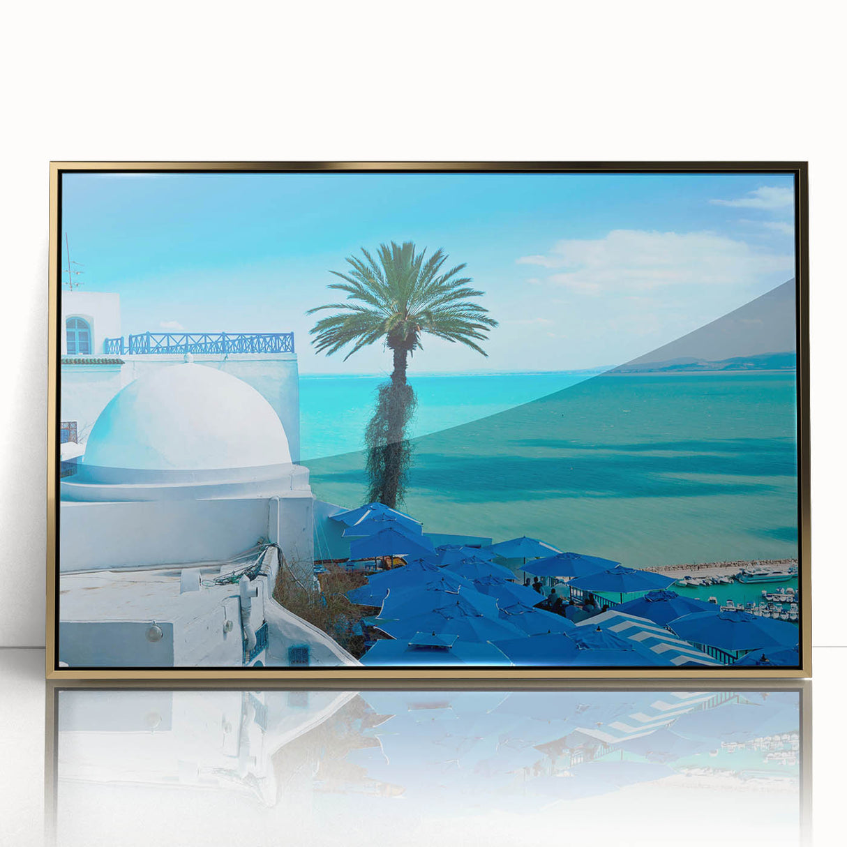 Large art print of a Tunisian landscape in mid-century modernist style, with muted earth tones on a framed acrylic.