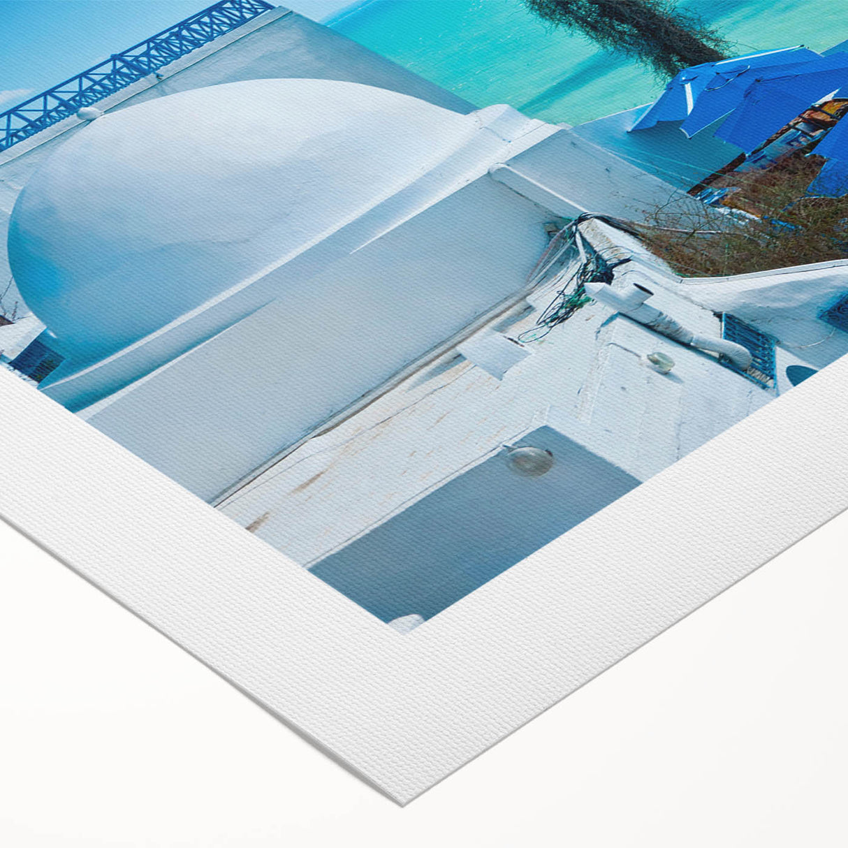 Art deco poster featuring a Tunisian landscape in muted earth tones on rolled canvas, suitable for dining room wall art.