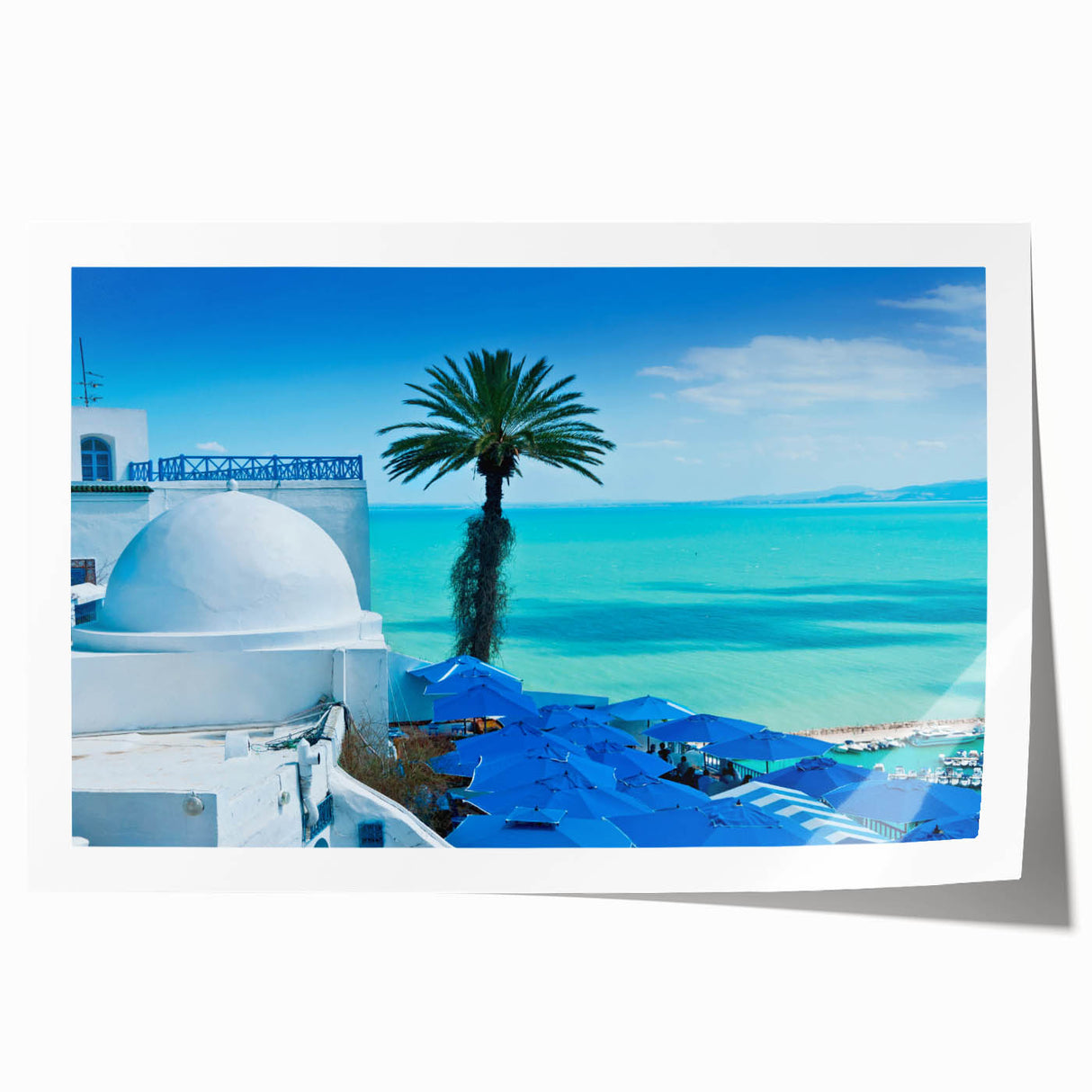 Extra large rolled print of a Tunisian landscape with vibrant floral elements, ideal for art wall dining room.