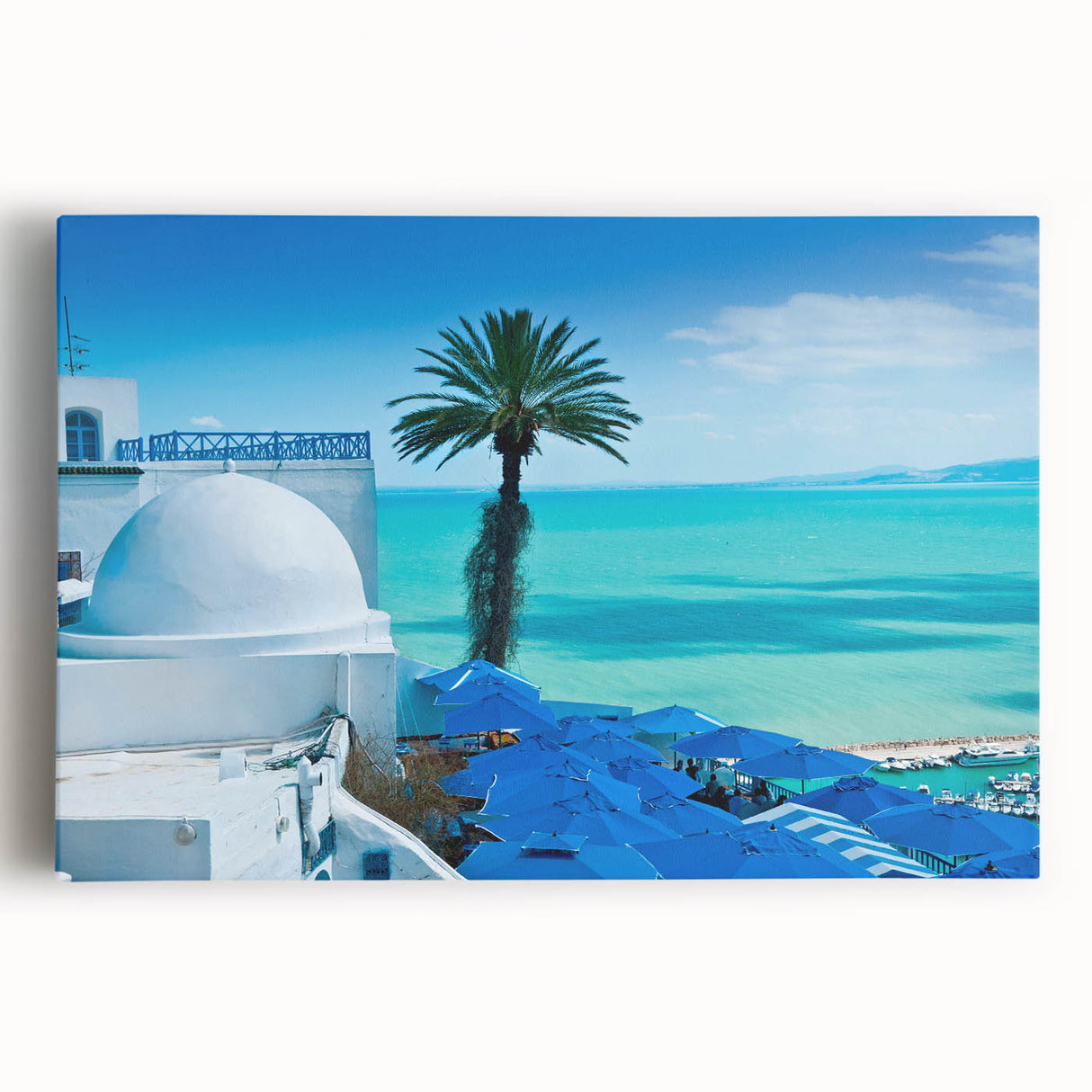 Black and white stretched canvas featuring a Tunisian landscape, ideal for kitchen wall art.