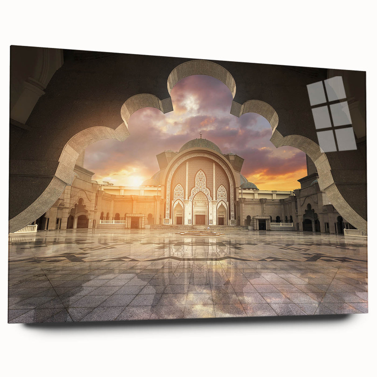 Large abstract wall art depicting a serene Malaysian landscape, in muted green and blue tones on acrylic glass.