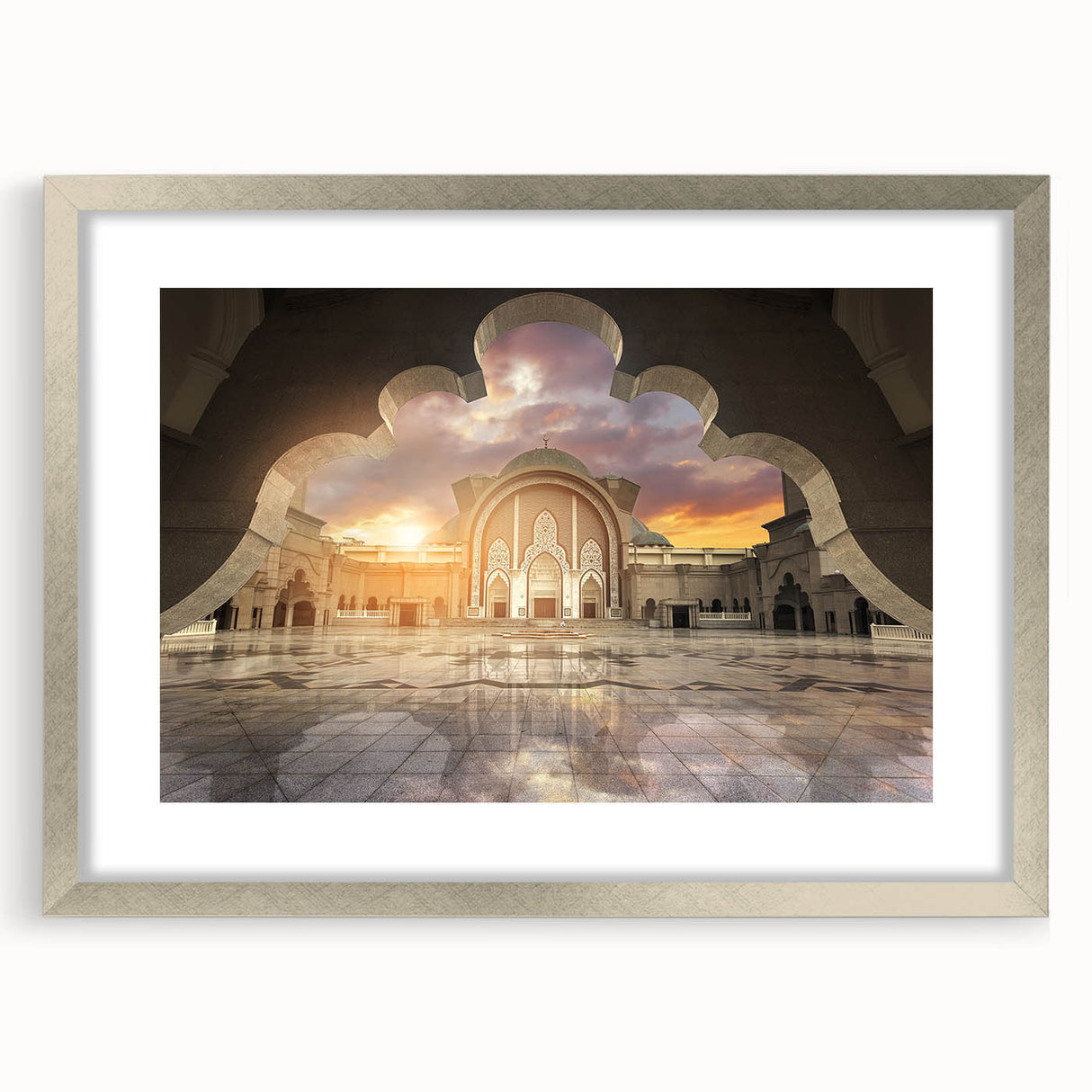 Textured abstract art print of a Malaysian landscape in muted earth tones on a framed silver mat, ideal for bedroom art.