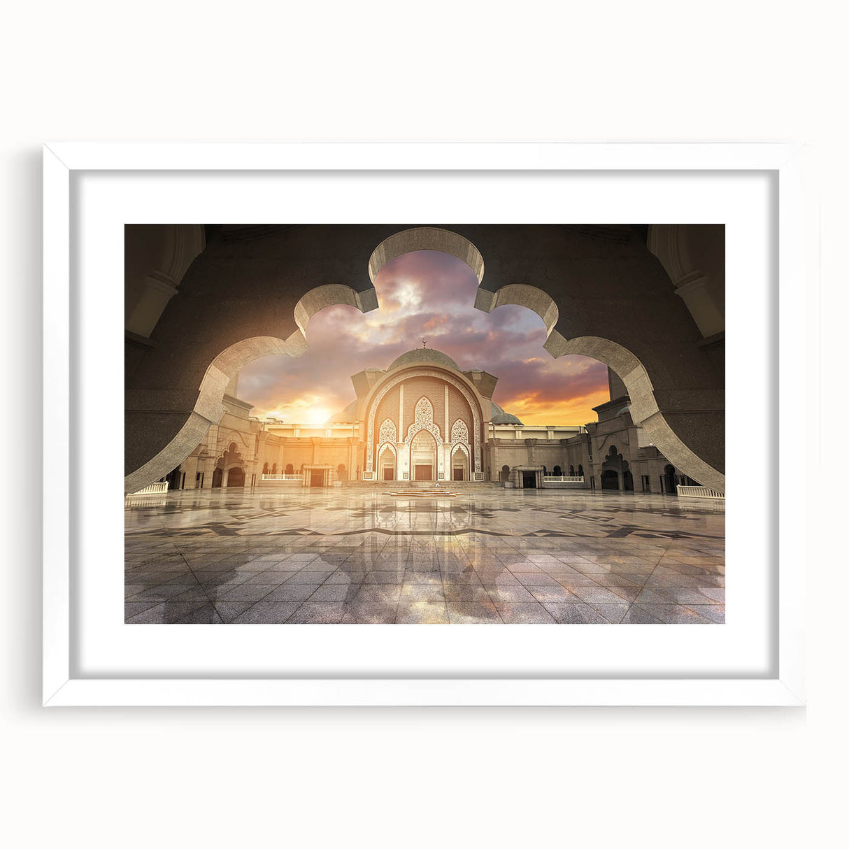 Abstract art print of a Malaysian landscape in muted earth tones on a framed white mat, ideal for dining room decor.