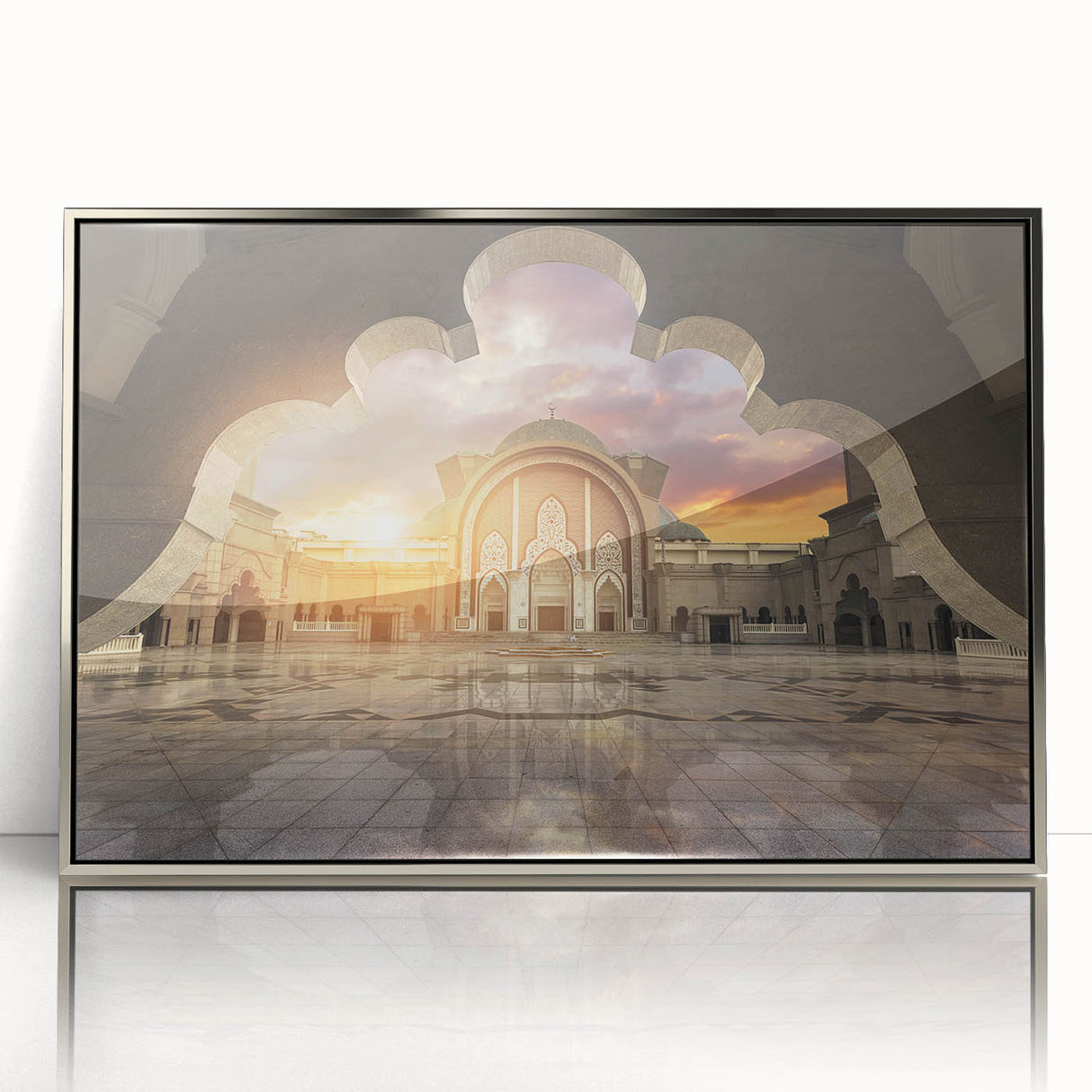 Mid-century modernist art depicting a Malaysian landscape in muted earth tones on a silver-framed acrylic print.