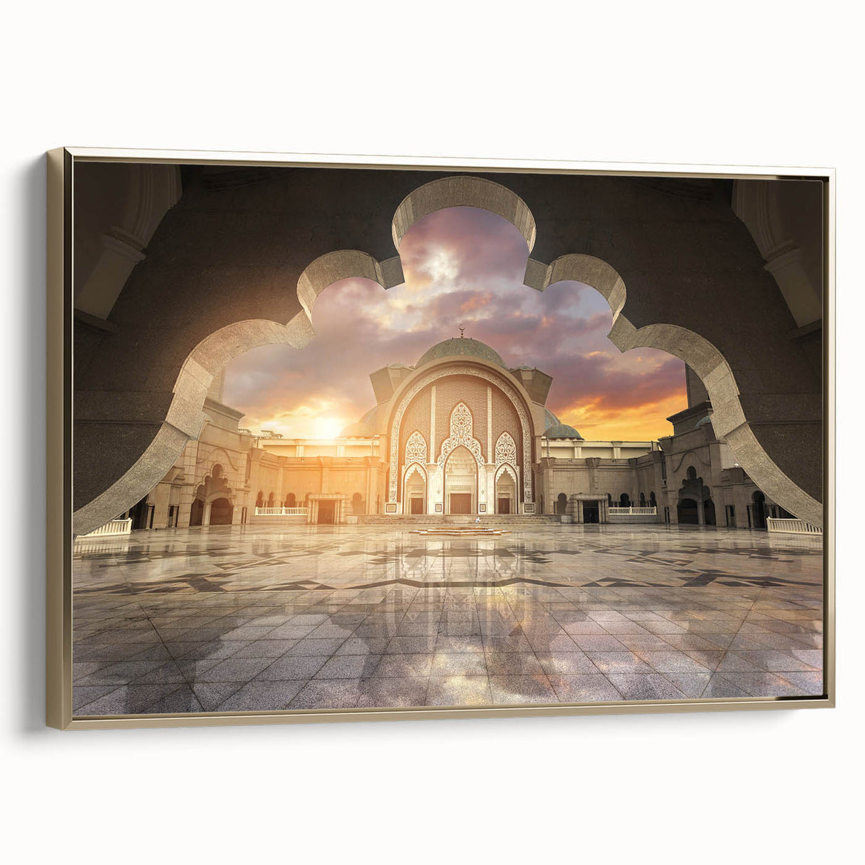 Framed canvas landscape art of a Malaysian scenery in muted gold and black tones, suitable for bedroom wall decor.