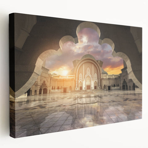 Large canvas print depicting a serene Malaysian landscape in muted green and blue tones, suitable for kitchen wall art.