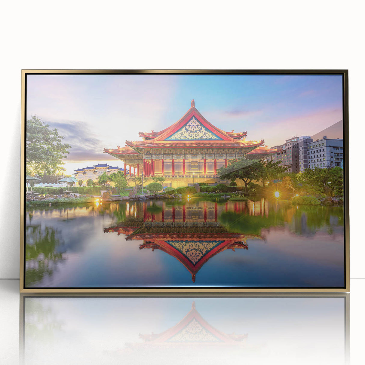 Mid-century modernist style large art print of a Taiwanese landscape in gold and green tones, framed acrylic.