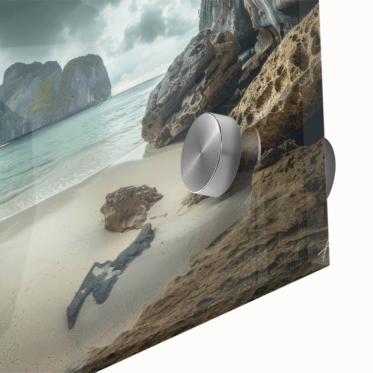 Large abstract wall art depicting a serene Thai landscape in muted earth tones on acrylic glass.