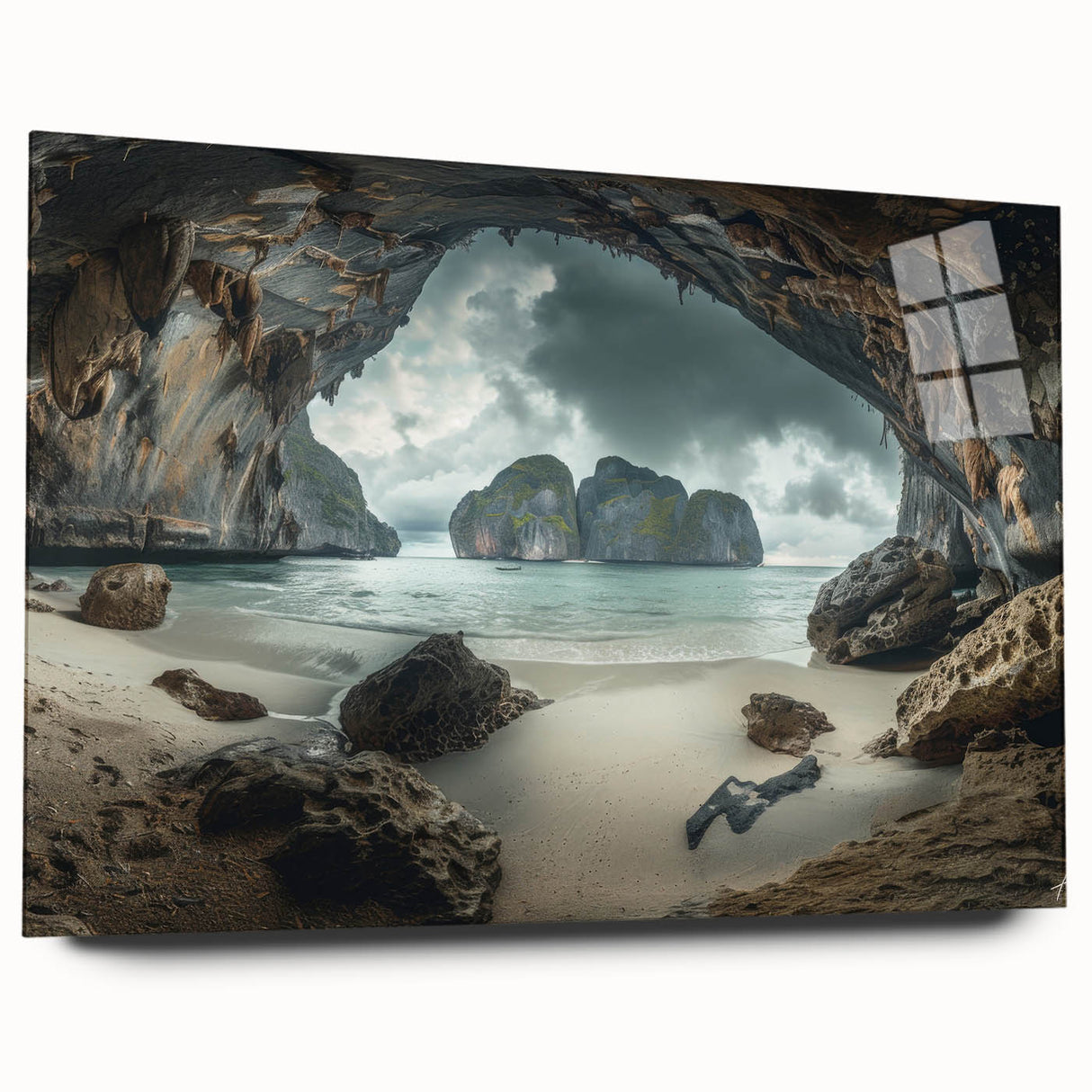 Large abstract wall art depicting a serene Thai landscape in muted green and blue tones on acrylic glass.