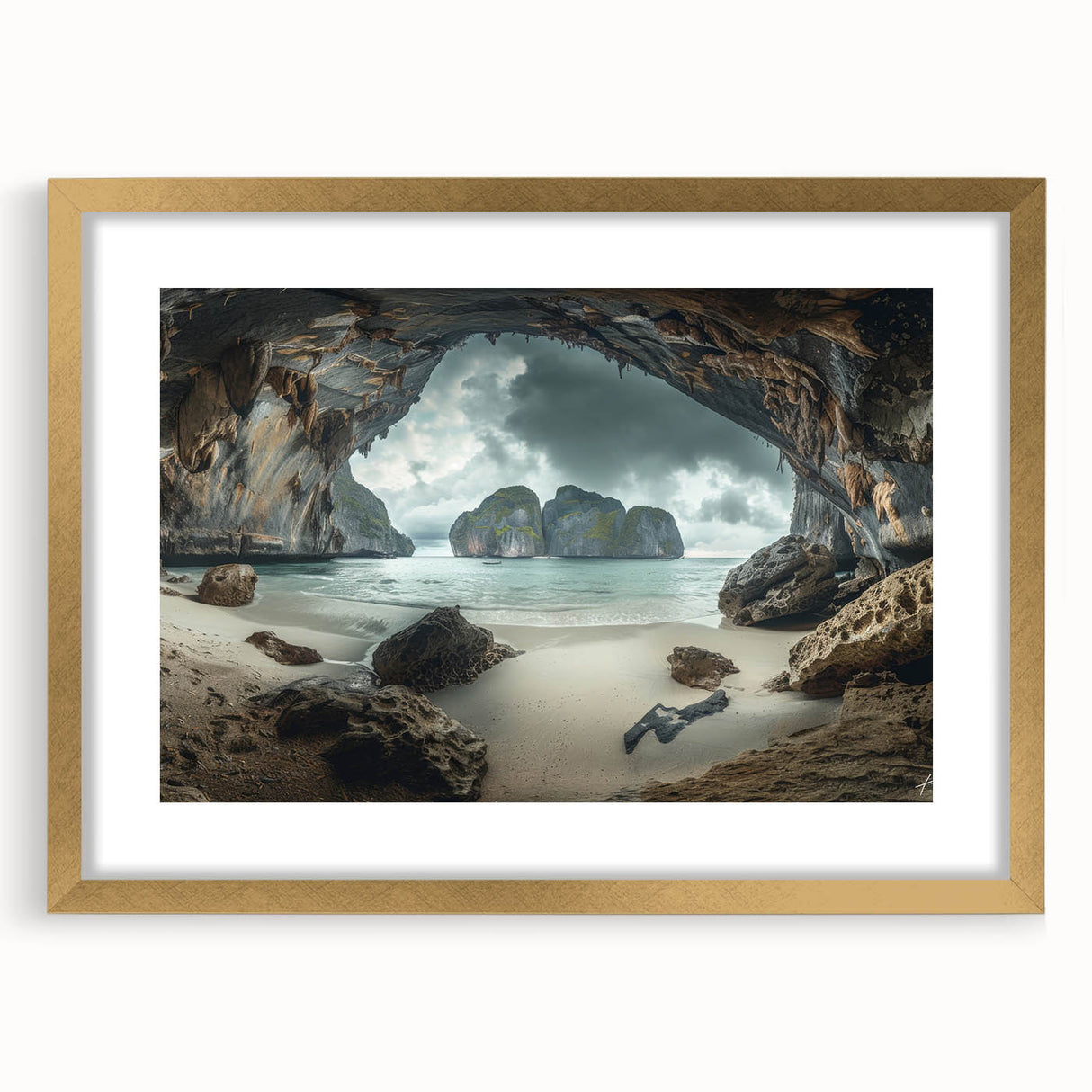 Extra large framed abstract art print depicting a textured scenery of Thailand in gold and earth tones.