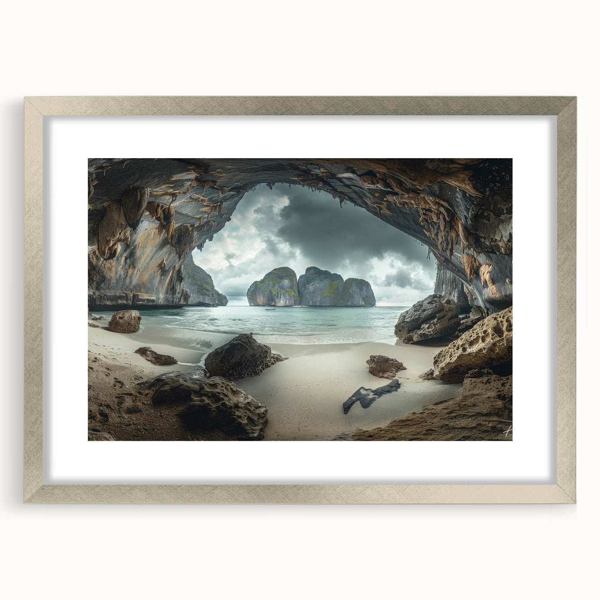 Textured art print depicting an abstract scene with earthy tones on a framed silver mat, suitable for bedroom decor.