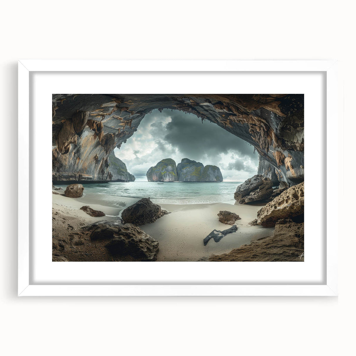 Abstract art print of a serene Thai landscape in muted green and blue tones, framed with a white mat.