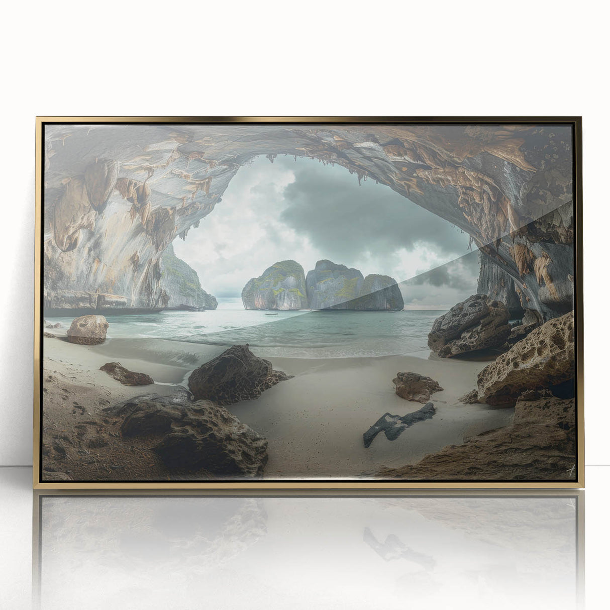 Acrylic print of a serene Thai landscape in muted earth tones, framed in gold, suitable for modern art wall decor.