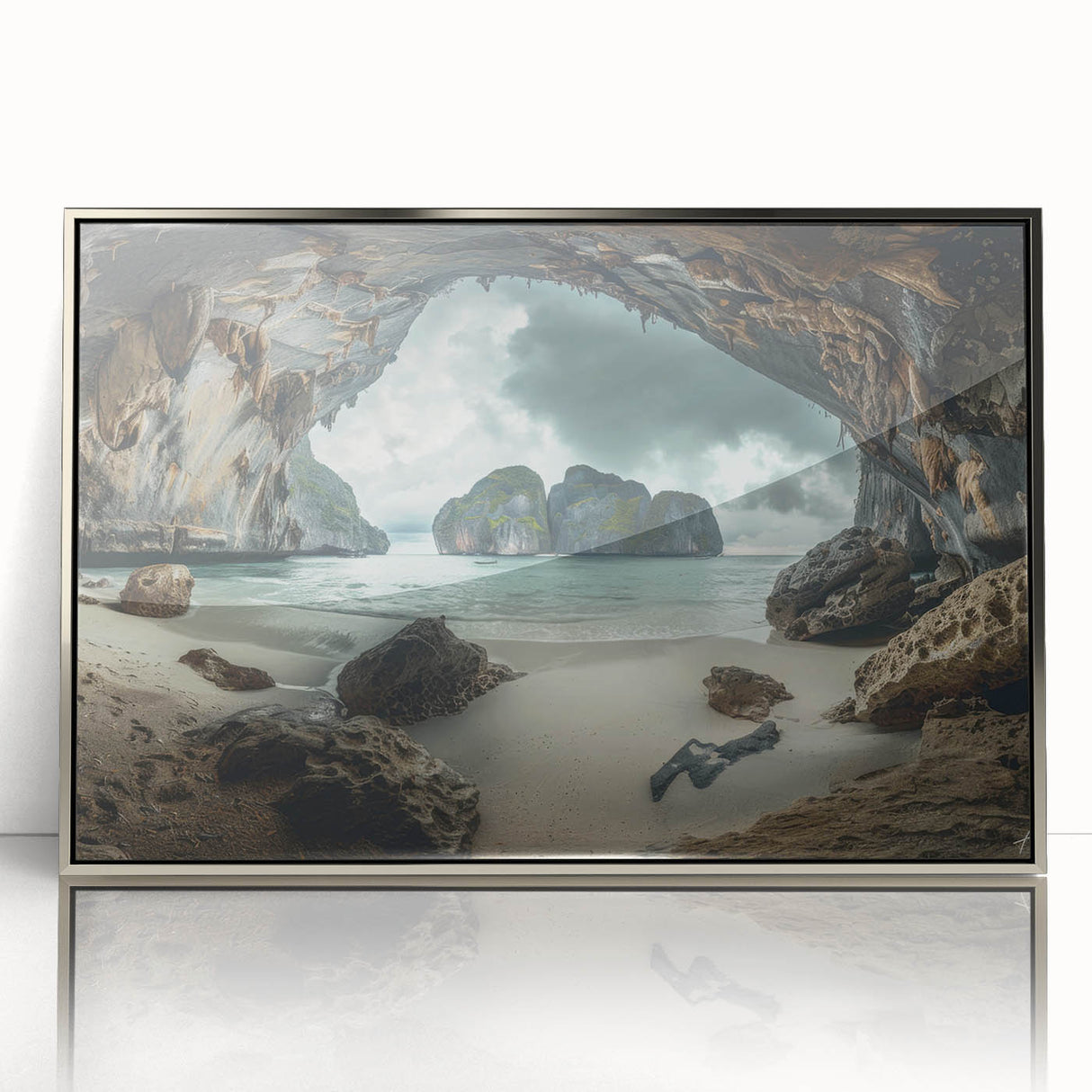 Mid-century modernist art depicting a serene Thai landscape in muted earth tones on a framed acrylic print.