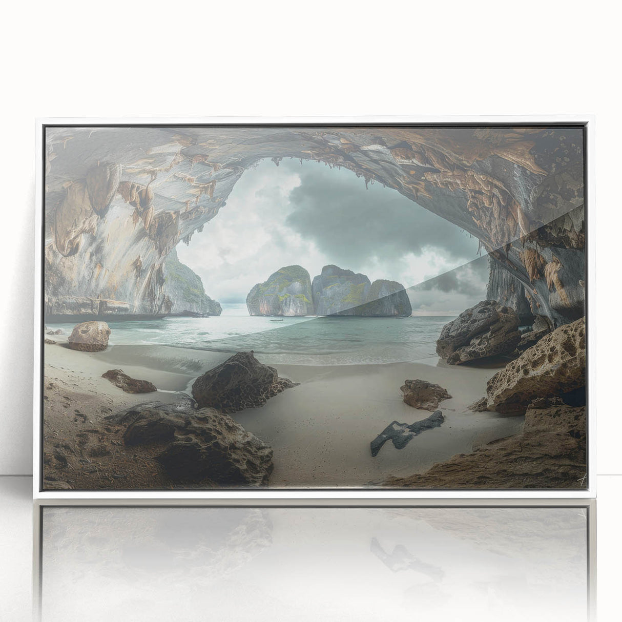 Acrylic print of a serene Thai landscape in pastel shades, framed in white, suitable for modern art wall decor.