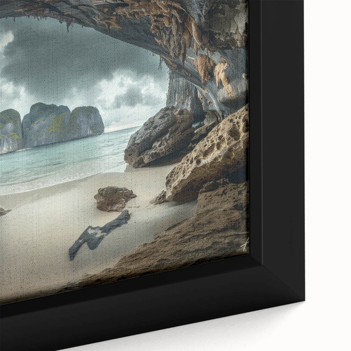 Extra large framed canvas featuring a textured, colorful Thai landscape in black, ideal for living room decor.