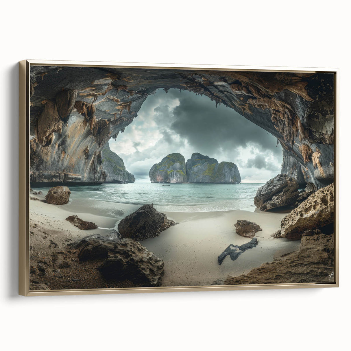 Framed canvas featuring a vintage-style landscape painting of a Thai scenery in muted gold and black tones.