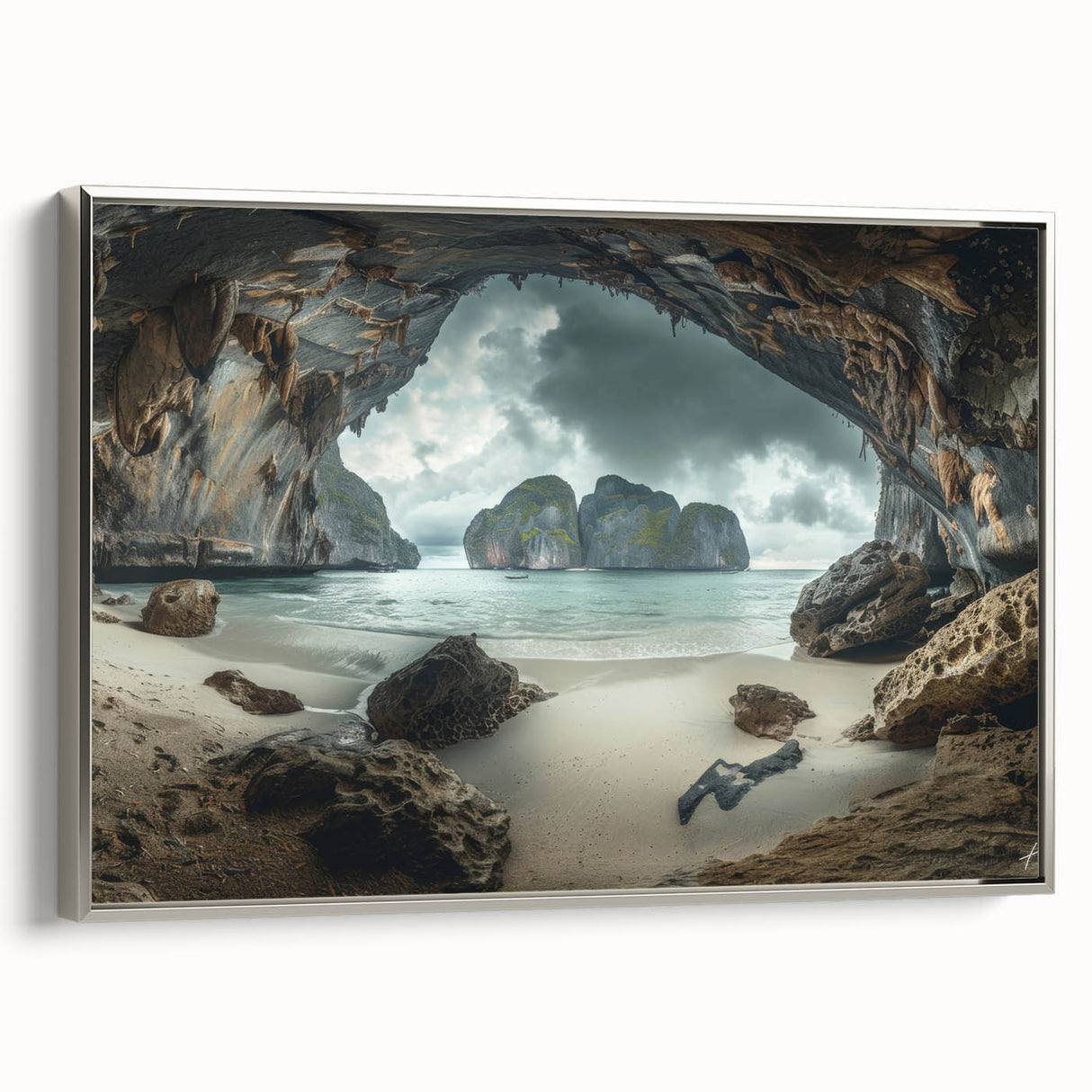 Framed canvas featuring a vintage-style landscape painting of a Thai scenery in muted earth tones.