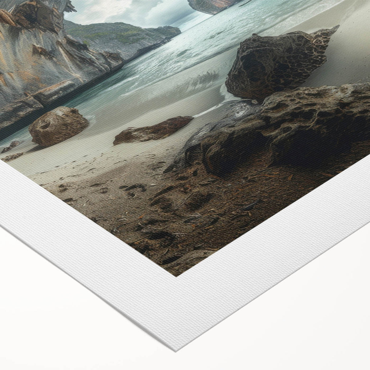 Art deco poster featuring a serene Thai landscape in muted green and blue tones on rolled canvas.