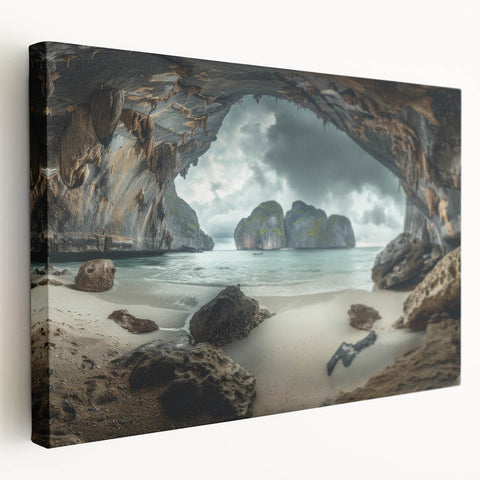 Large art depicting a serene Thai landscape in muted green and blue tones on stretched canvas, suitable for kitchen wall art.