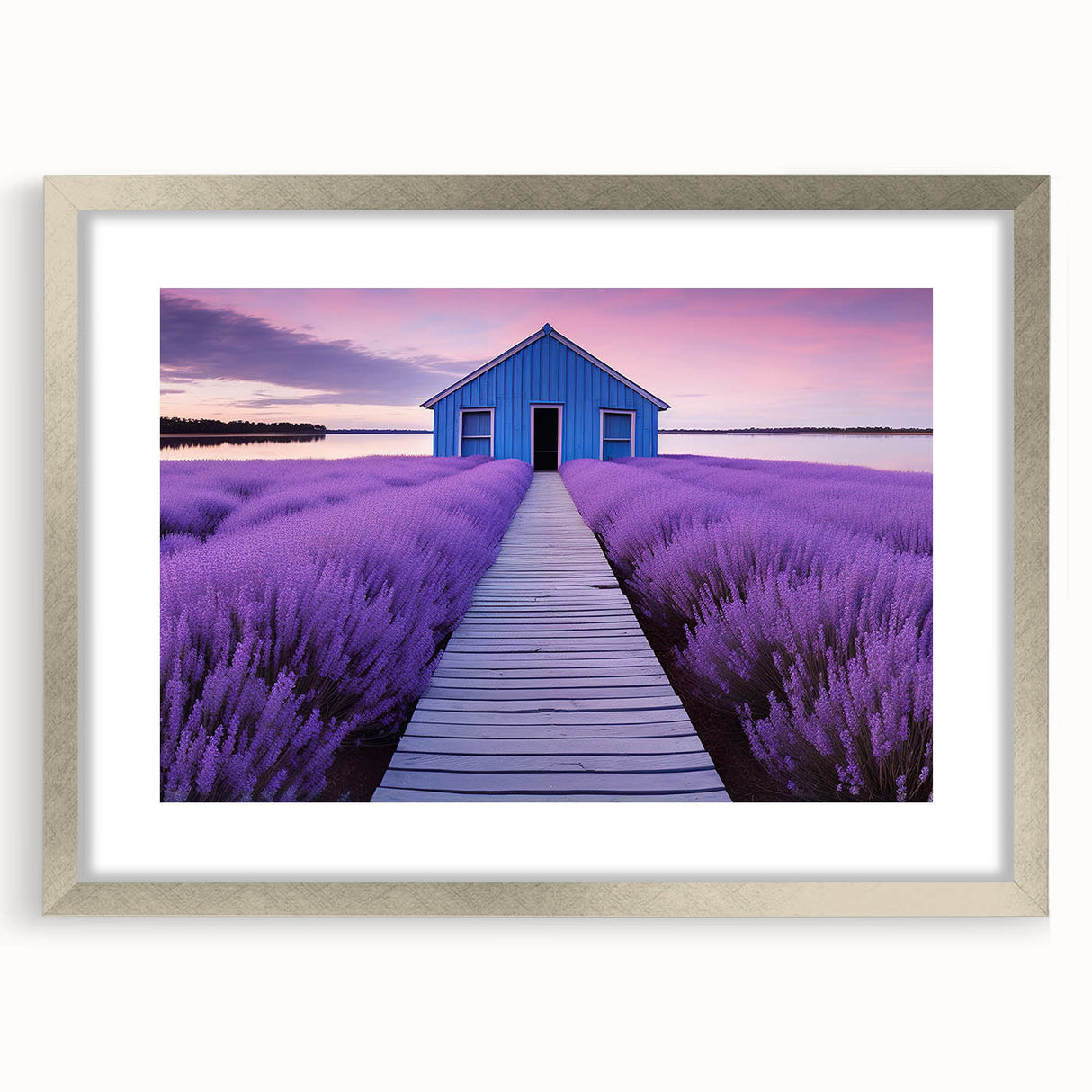 Abstract art print of Perth skyline in muted blue and silver tones, framed with a silver mat.