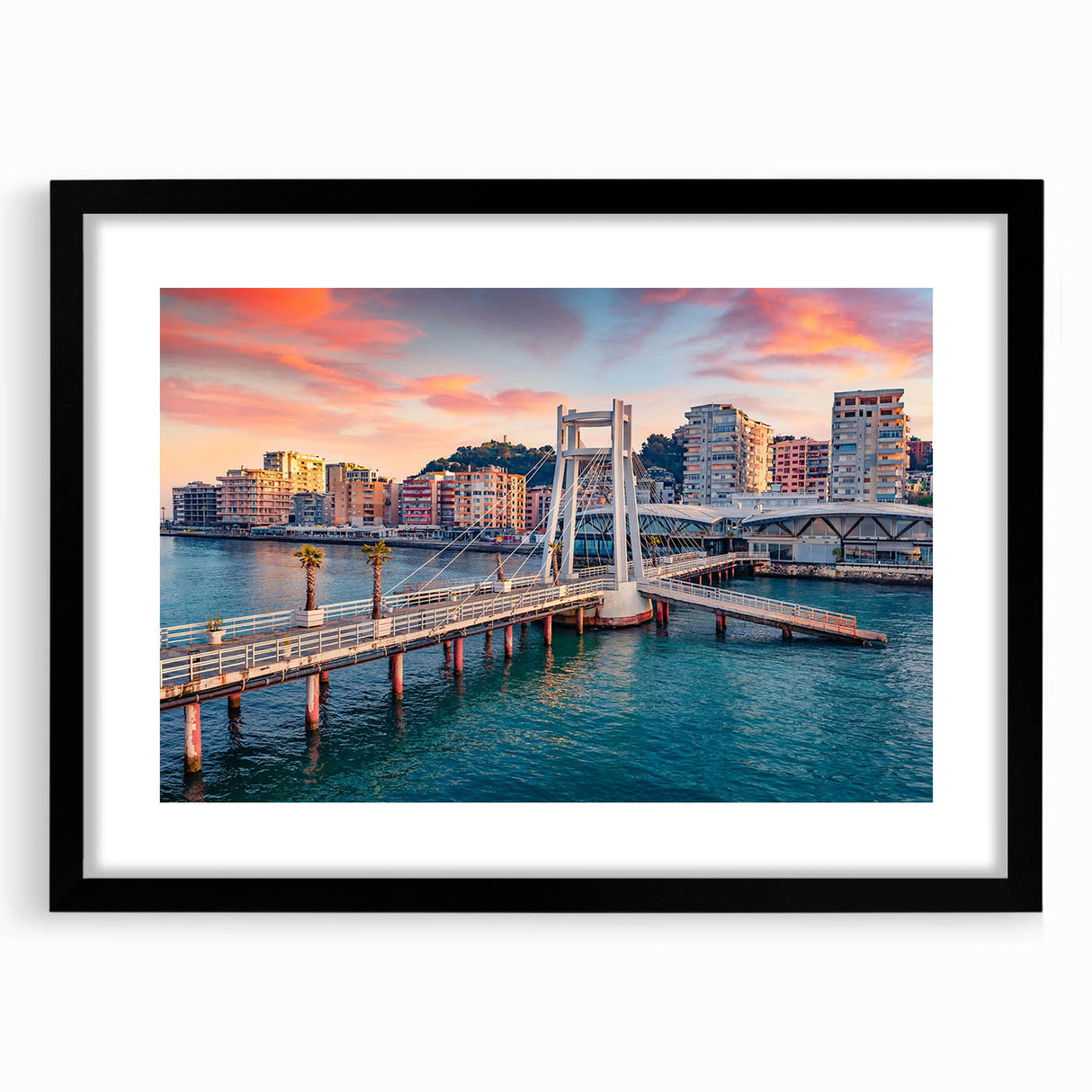 Extra large, abstract art print of colorful, textured scenery of Albania on a black framed canvas.