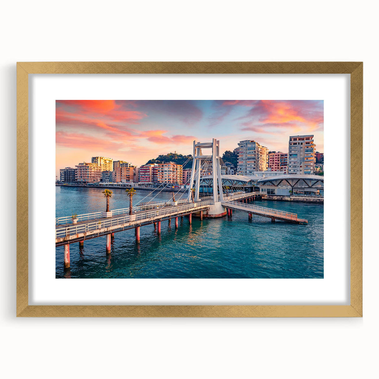 Abstract art print of a European scenery in Albania, featuring muted earth tones on a framed gold mat.