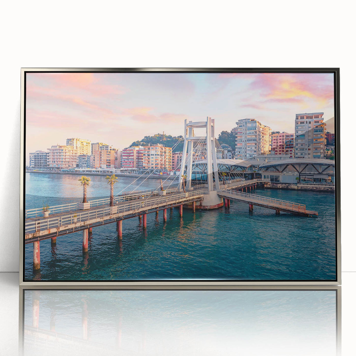 Mid-century modernist style large art print of an Albanian landscape, with muted earth tones on a framed acrylic.