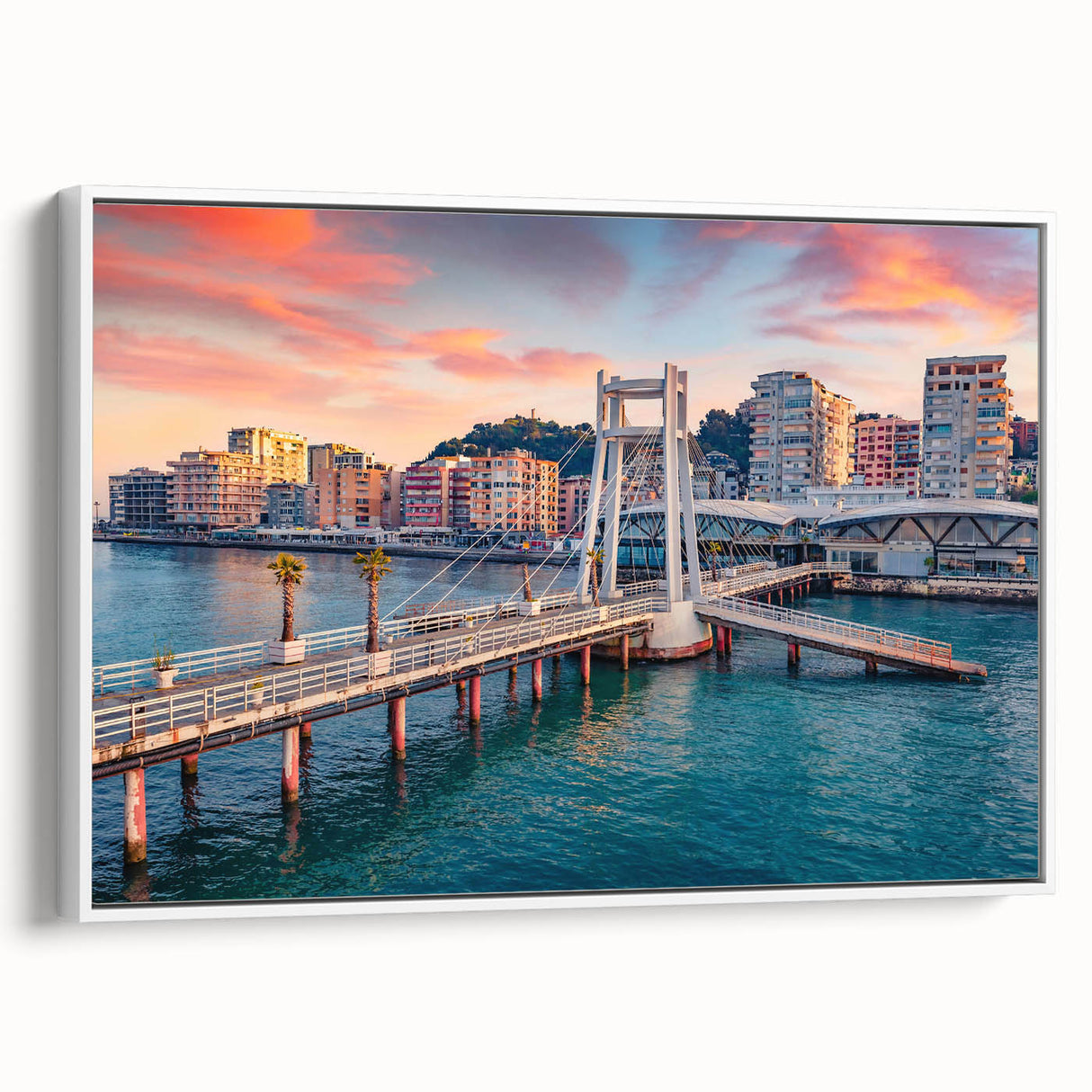 Vintage poster art of Albania scenery on extra large framed canvas, featuring colorful art in black, ideal for living room.