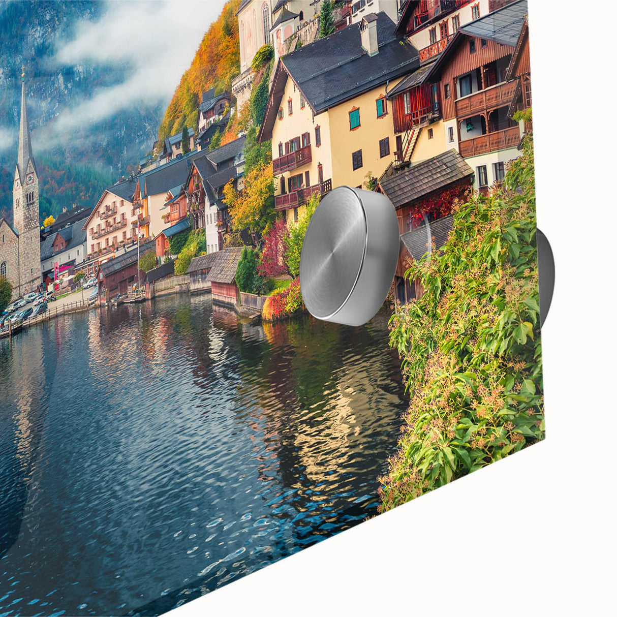 Large abstract wall art depicting a European scenery in Austria, rendered in mid-century modernist style on acrylic glass.