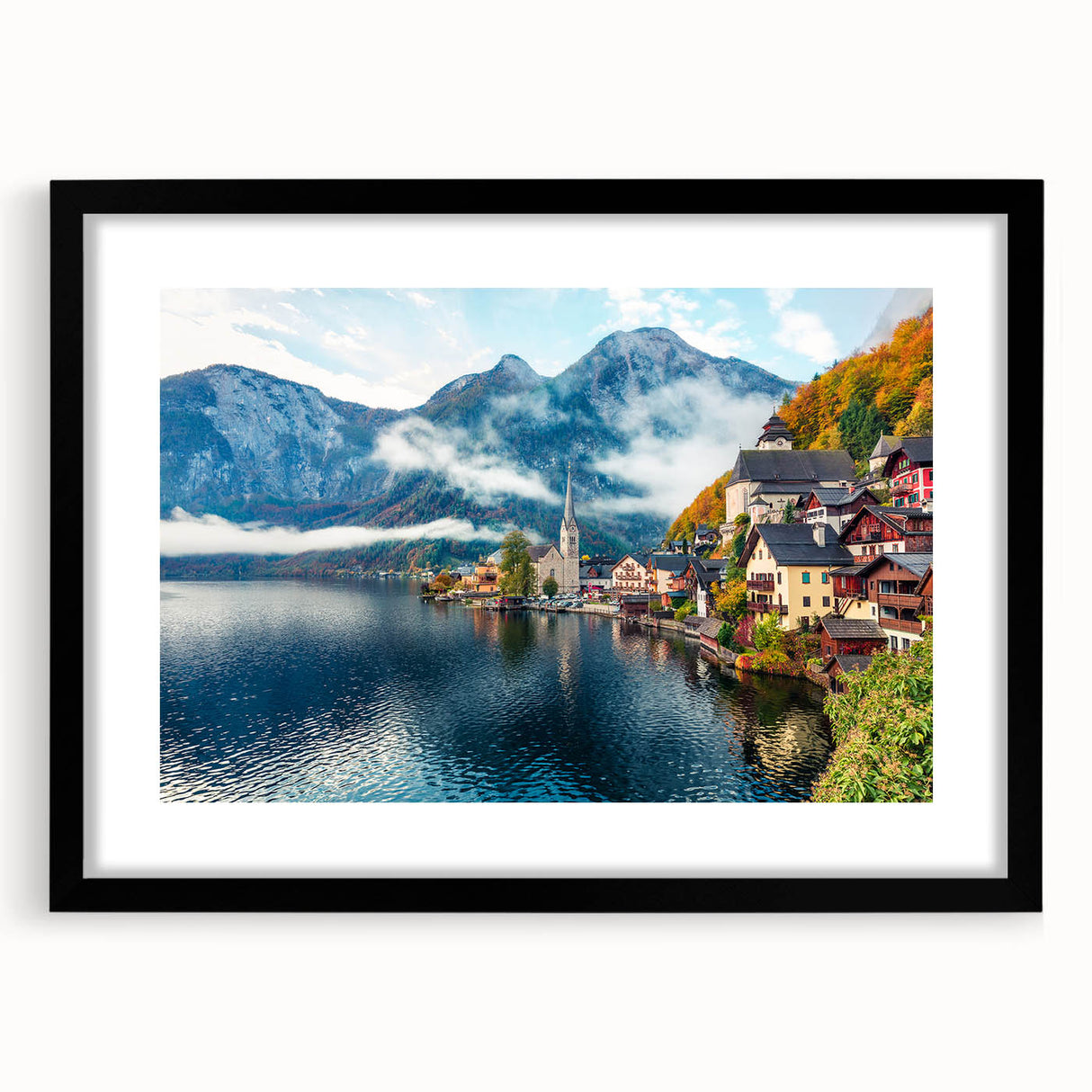 Extra large abstract art print featuring vibrant, textured colors of an Austrian landscape, framed in black.
