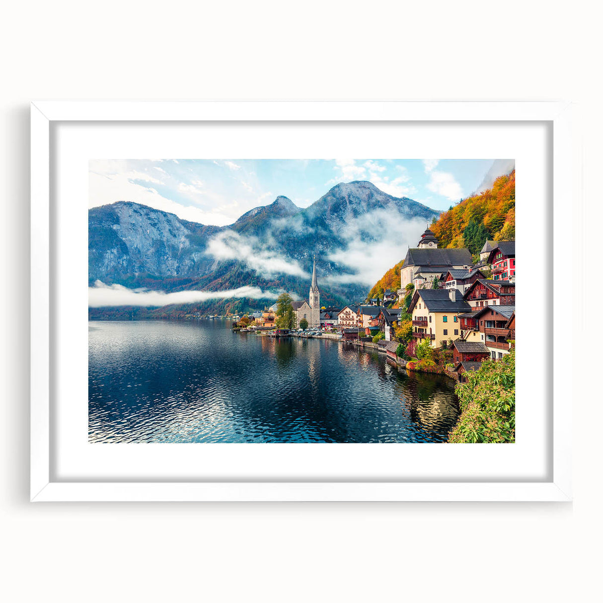 Textured abstract art print depicting a European landscape in muted earth tones on a framed white mat, ideal for bedroom art.