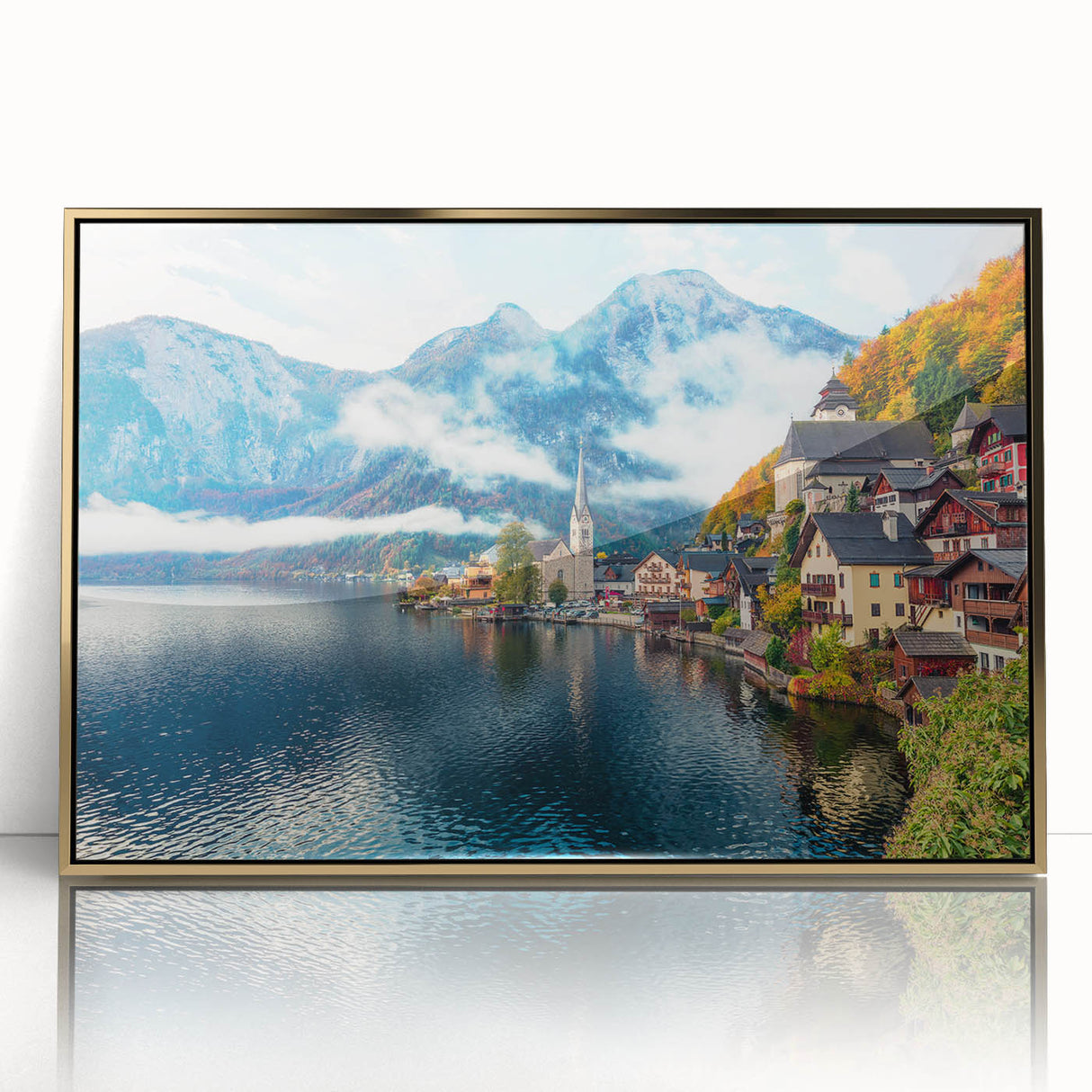 Mid-century modernist art of a European cityscape in muted gold and blue tones on a framed acrylic.