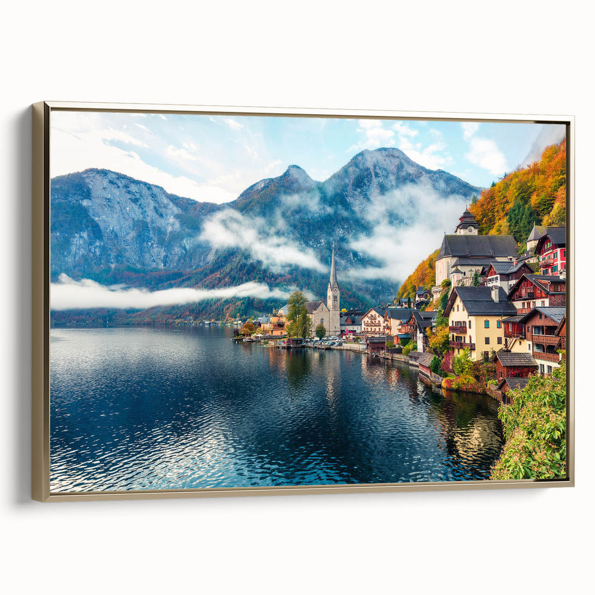 Vintage poster art of a scenic Austrian landscape on framed canvas, featuring vibrant colors, ideal for living room decor.