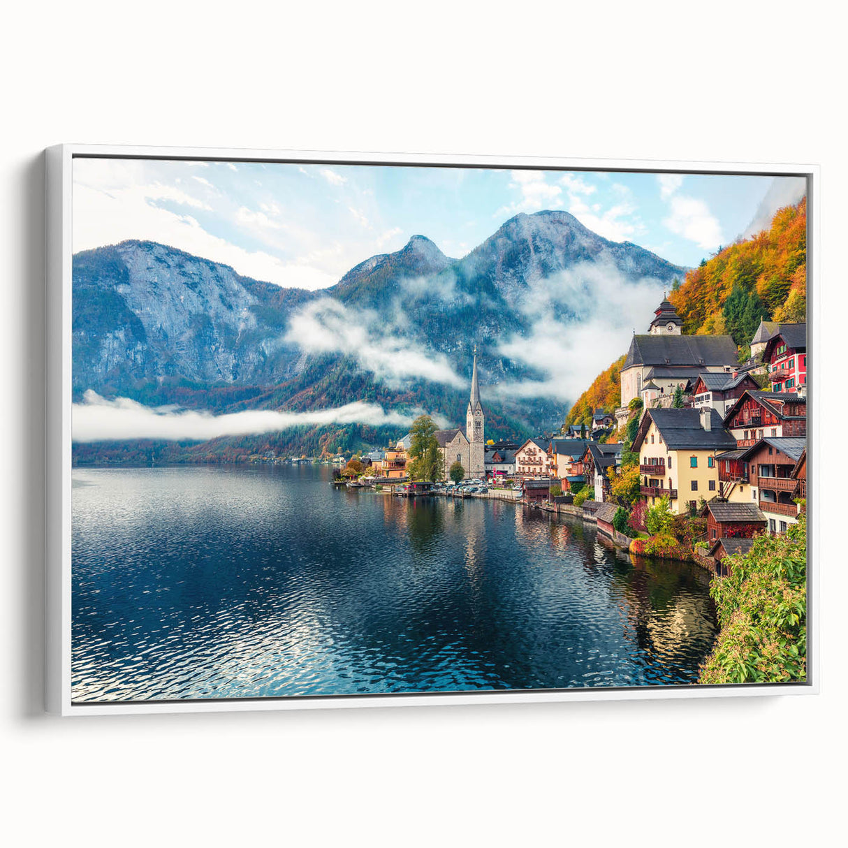 Framed canvas of a vintage-style landscape painting featuring colorful Austrian scenery, ideal for living room decor.