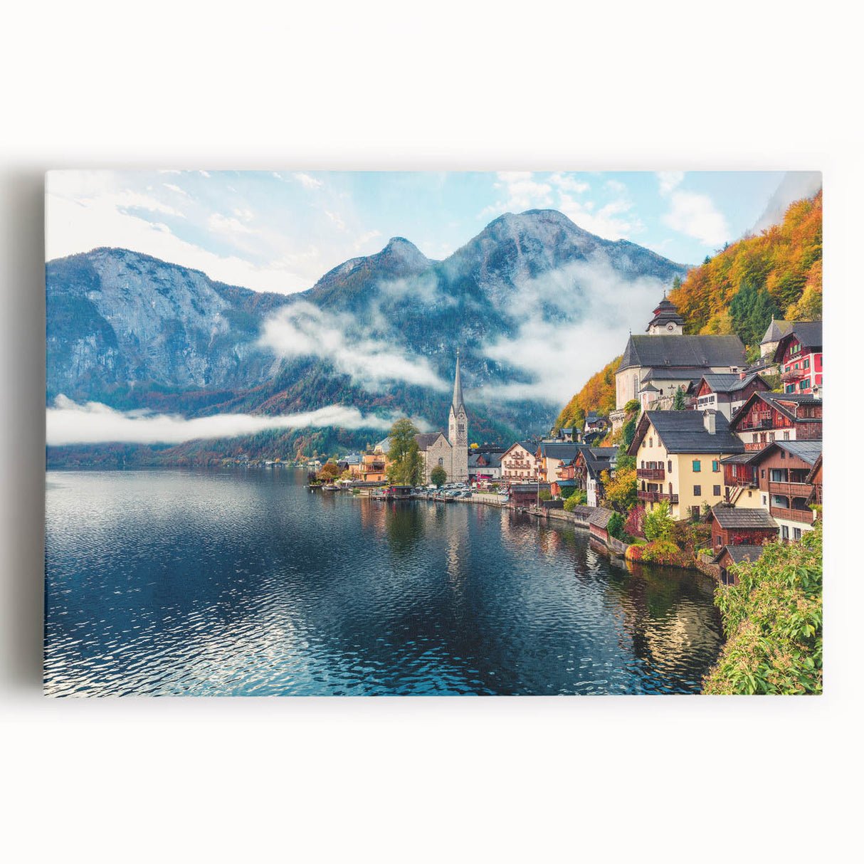 Black and white photograph of a European street scene on a stretched canvas, ideal for kitchen wall art.