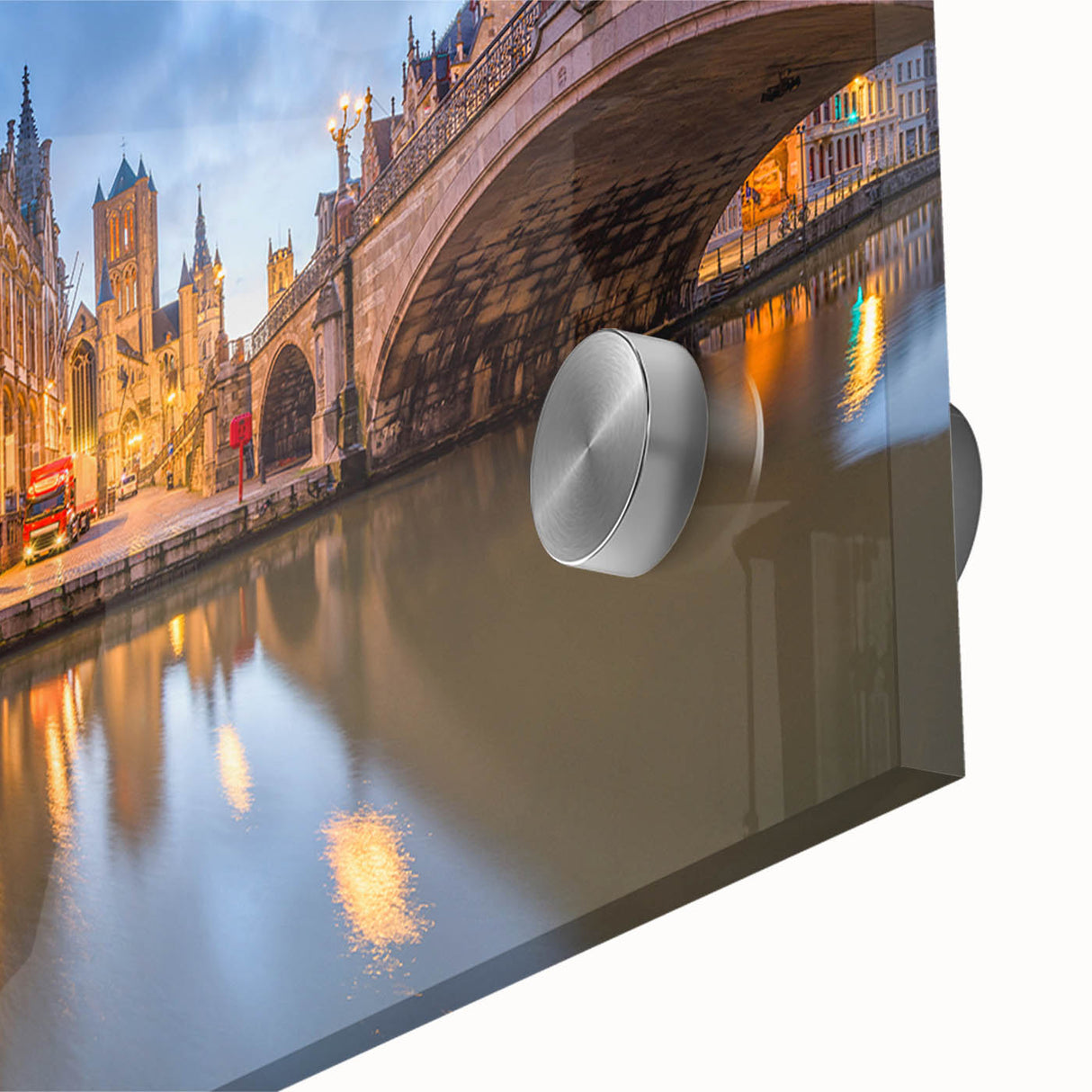 Large abstract wall art depicting a European scenery in muted earth tones on acrylic glass.