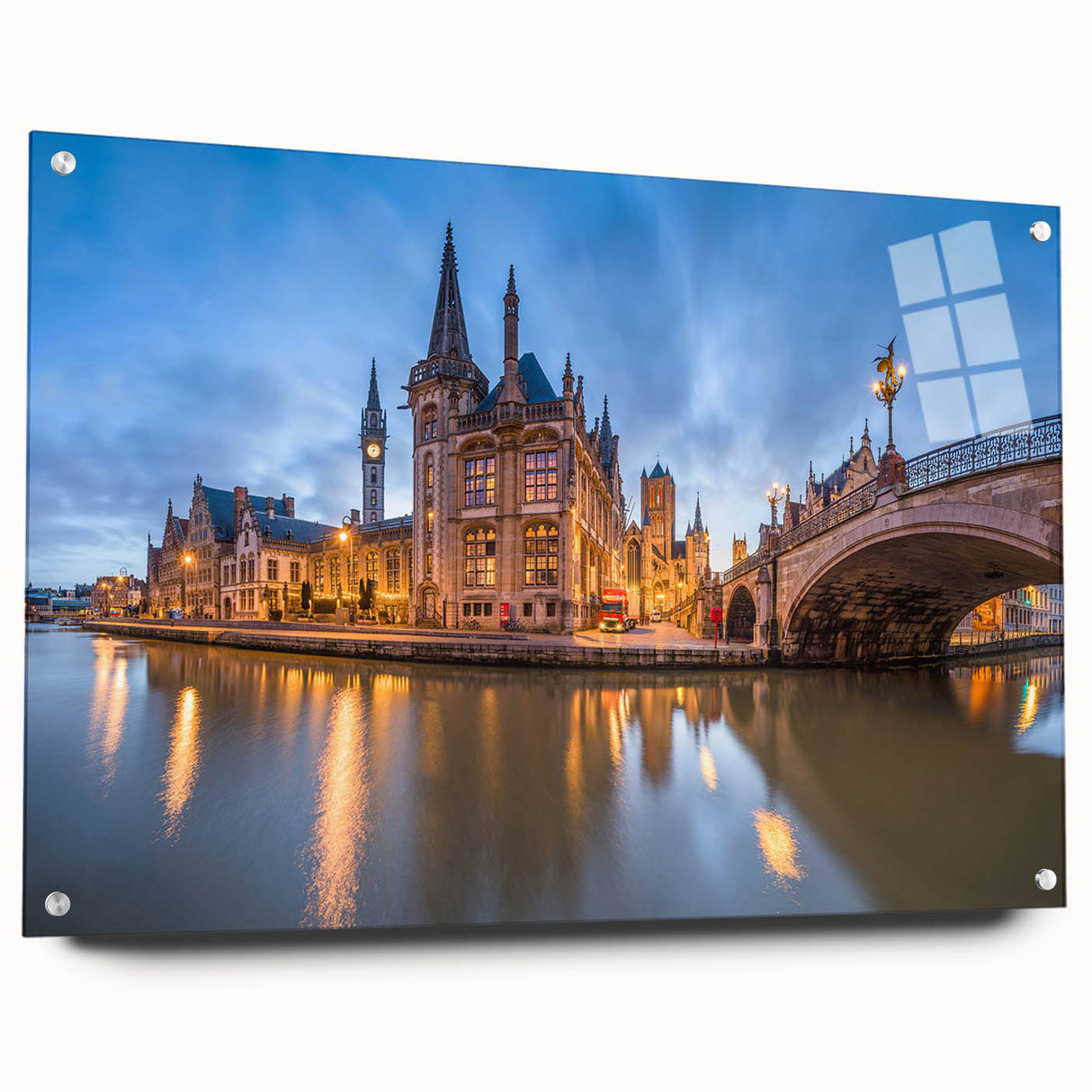 Large abstract acrylic glass wall art depicting a European scenery in muted earth tones.