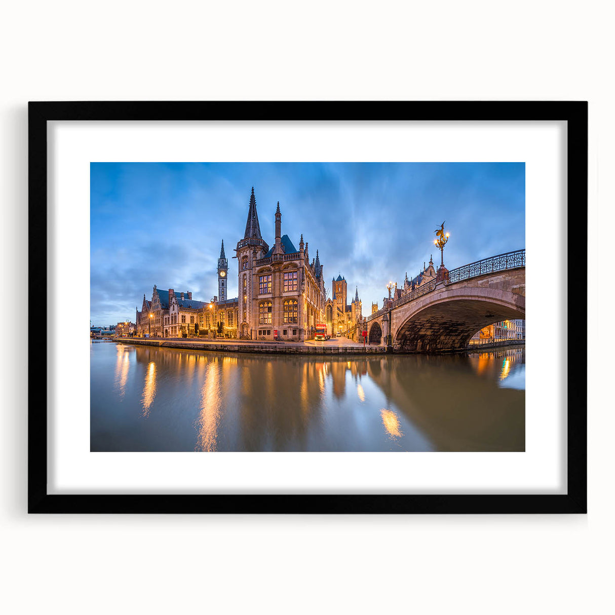 Extra large abstract art print of a European scenery in vibrant colors on a black framed canvas.