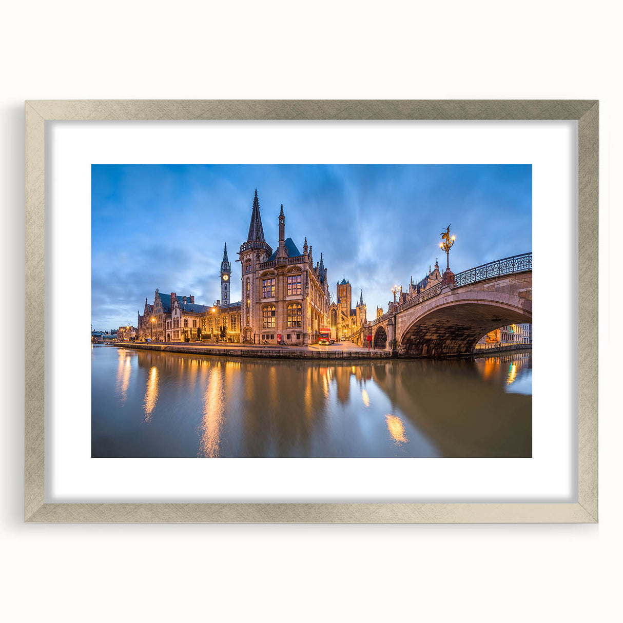 Extra large abstract art print of a textured European scenery in silver frame, suited for living room decor.