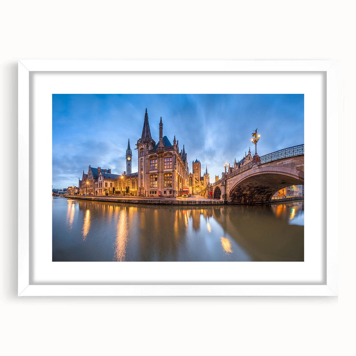 Textured abstract art print of a European scenery in muted earth tones on a framed white mat, ideal for bedroom art.