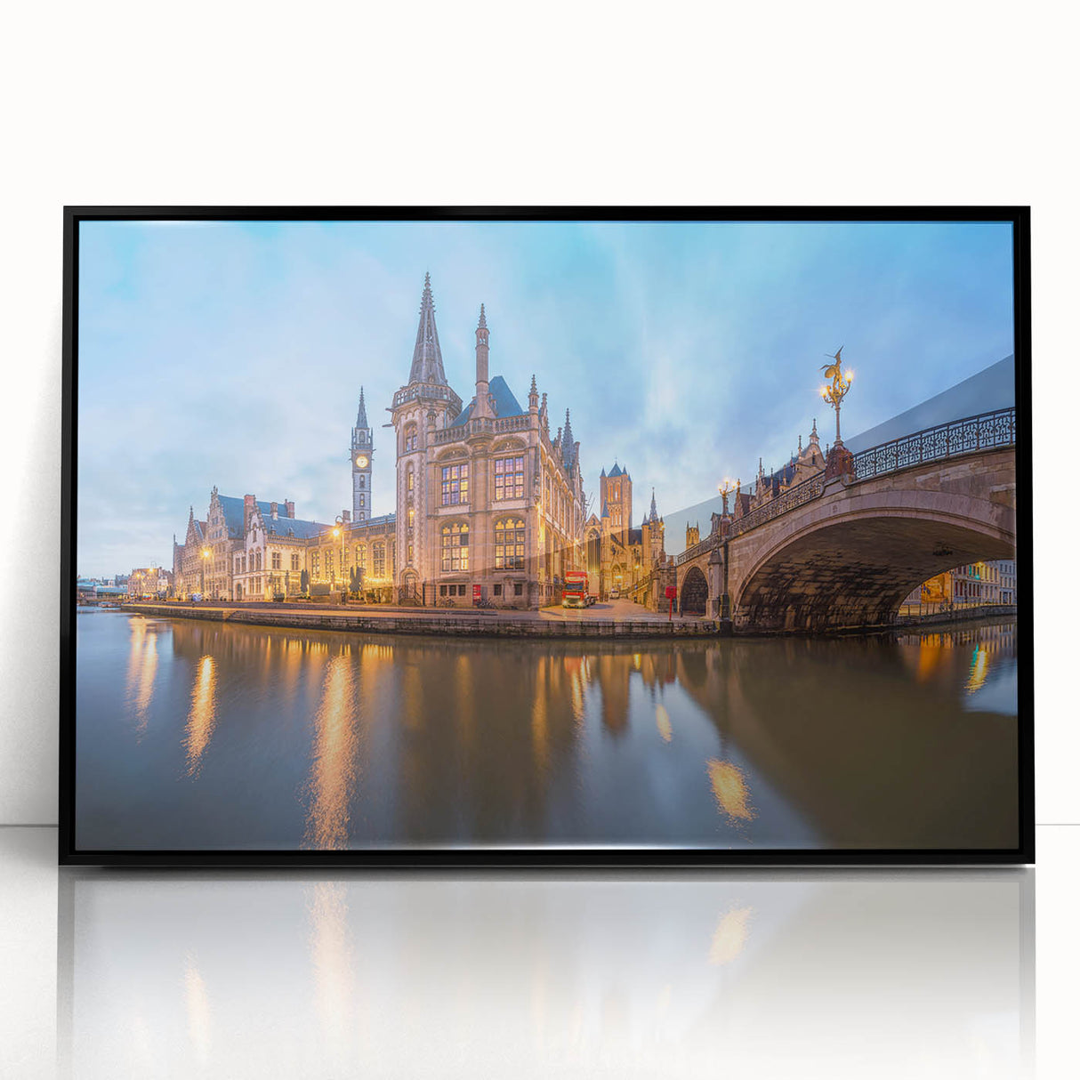 Large abstract wall art depicting a European cityscape, framed in black acrylic, in mid-century modernist style.